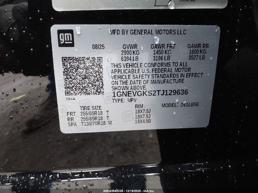 2026 Chevrolet Traverse Awd Lt VIN: 1GNEVGKS2TJ129636 Lot: 43942330