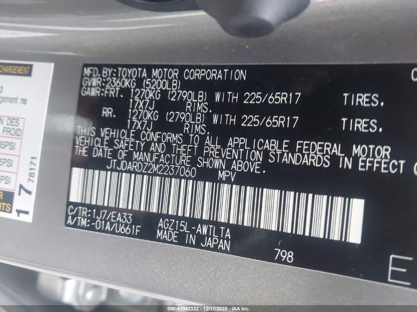 2021 Lexus Nx 300 VIN: JTJDARDZ2M2237060 Lot: 43942332