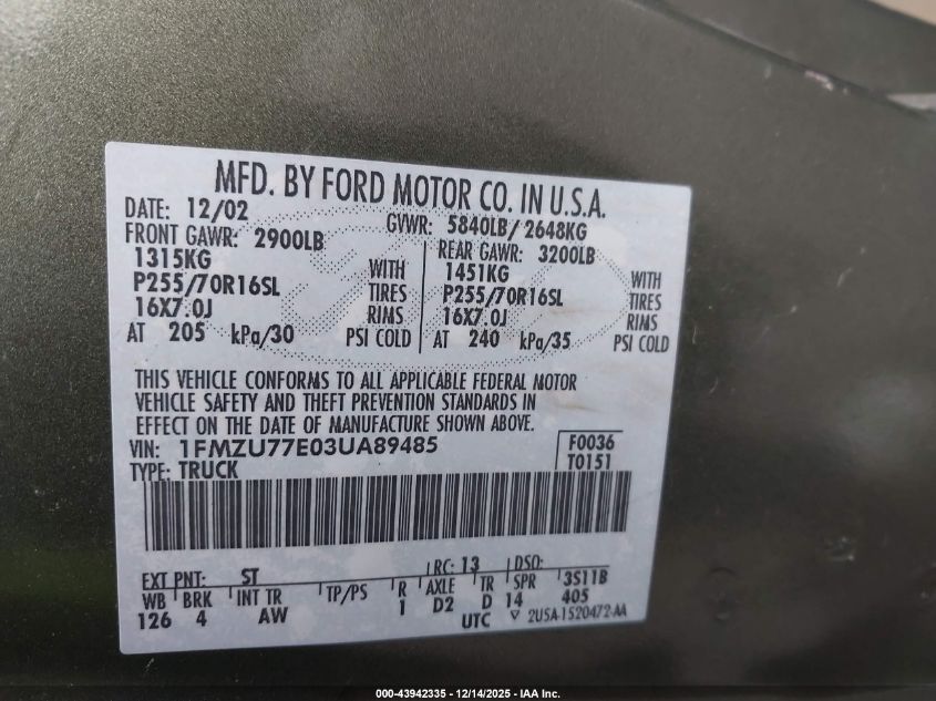 2003 Ford Explorer Sport Trac Xls/Xlt VIN: 1FMZU77E03UA89485 Lot: 43942335