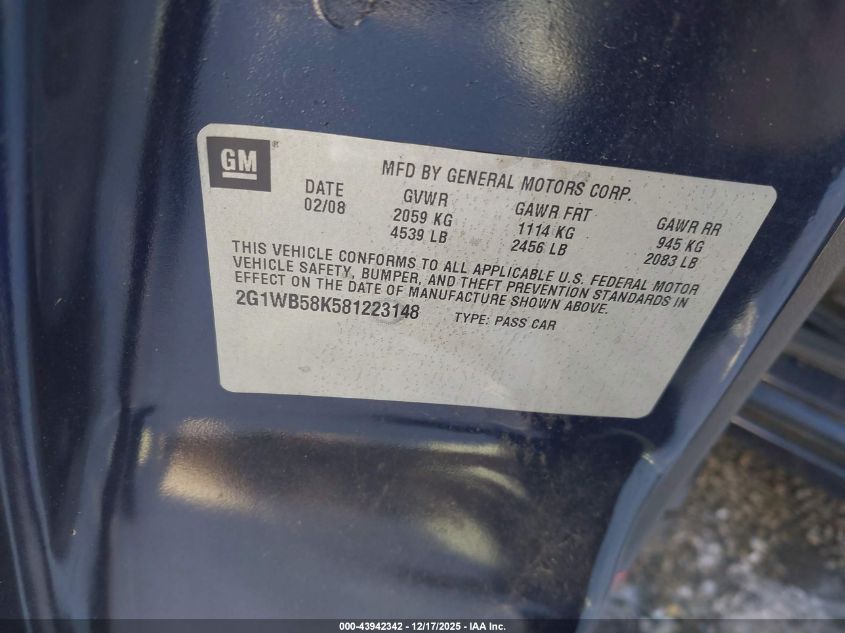 2008 Chevrolet Impala Ls VIN: 2G1WB58K581223148 Lot: 43942342
