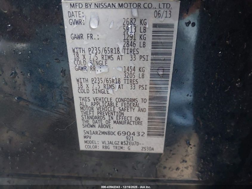 2013 Nissan Pathfinder Sl VIN: 5N1AR2MN8DC690432 Lot: 43942343