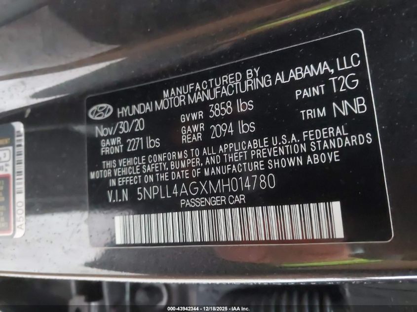 2021 Hyundai Elantra Se VIN: 5NPLL4AGXMH014780 Lot: 43942344