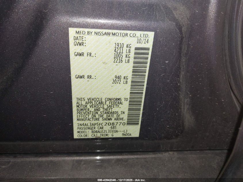 2015 Nissan Altima 2.5 S VIN: 1N4AL3AP5FC208770 Lot: 43942346