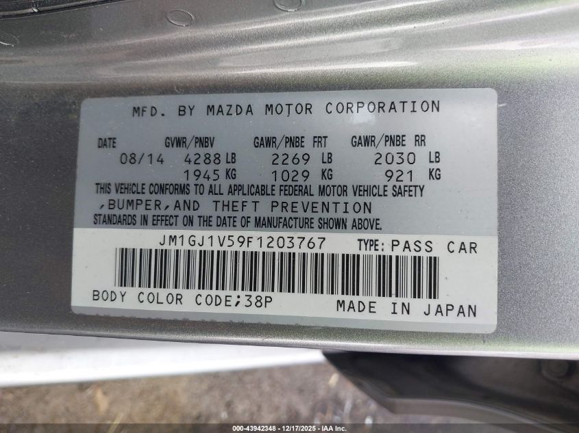 2015 Mazda Mazda6 I Touring VIN: JM1GJ1V59F1203767 Lot: 43942348