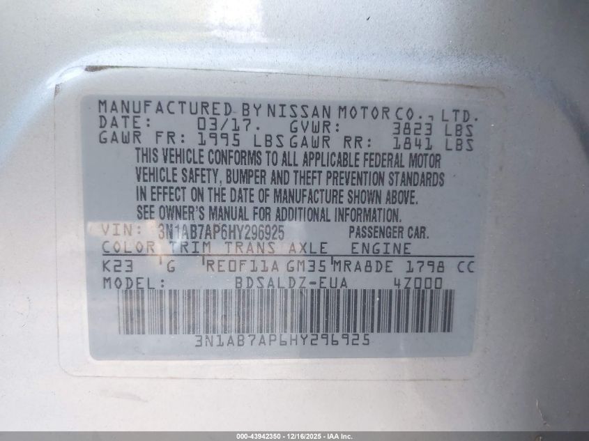 2017 Nissan Sentra Sv VIN: 3N1AB7AP6HY296925 Lot: 43942350