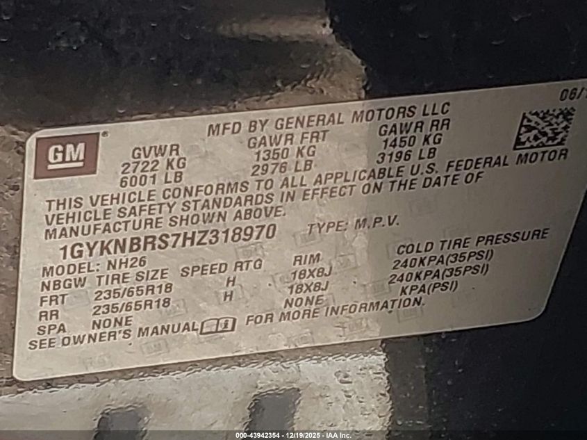 2017 Cadillac Xt5 Luxury VIN: 1GYKNBRS7HZ318970 Lot: 43942354