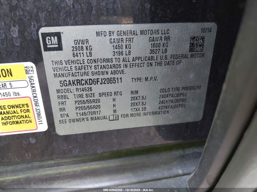 2015 Buick Enclave Premium VIN: 5GAKRCKD6FJ206511 Lot: 43942355