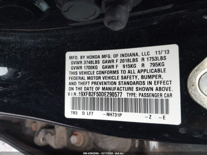 2013 Honda Civic Lx VIN: 19XFB2F50DE290577 Lot: 43942356