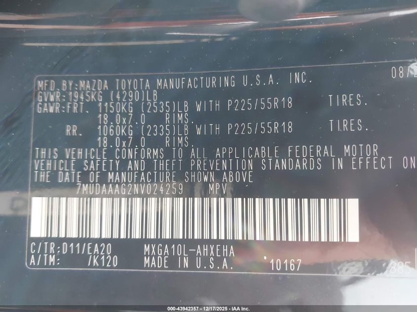 2022 Toyota Corolla Cross Xle VIN: 7MUDAAAG2NV024259 Lot: 43942357