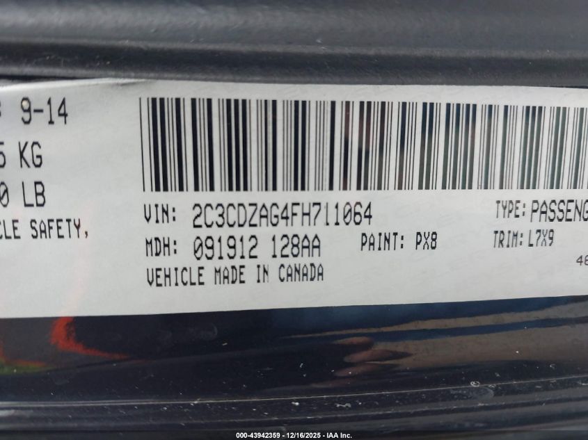 2015 Dodge Challenger Sxt VIN: 2C3CDZAG4FH711064 Lot: 43942359