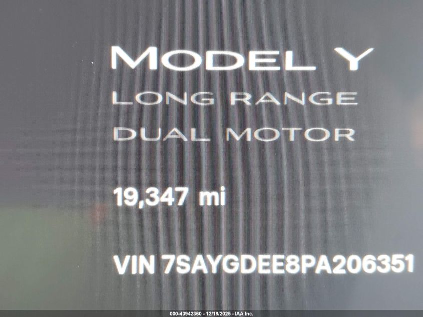 2023 Tesla Model Y Awd/Long Range Dual Motor All-Wheel Drive VIN: 7SAYGDEE8PA206351 Lot: 43942360