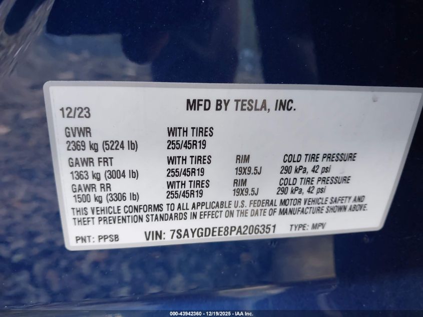 2023 Tesla Model Y Awd/Long Range Dual Motor All-Wheel Drive VIN: 7SAYGDEE8PA206351 Lot: 43942360