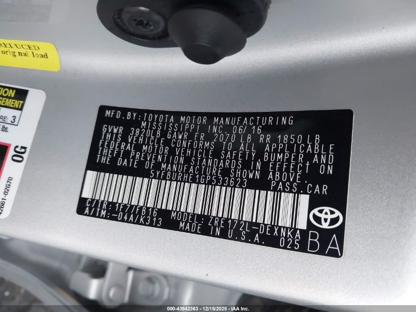 2016 Toyota Corolla Le VIN: 5YFBURHE1GP533623 Lot: 43942363