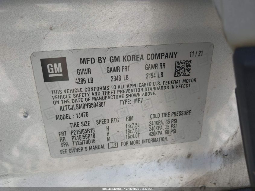 2022 Chevrolet Trax Fwd Lt VIN: KL7CJLSM0NB504861 Lot: 43942364