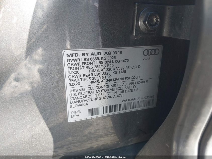 2018 Audi Q7 3.0T Premium VIN: WA1LAAF71JD035686 Lot: 43942366