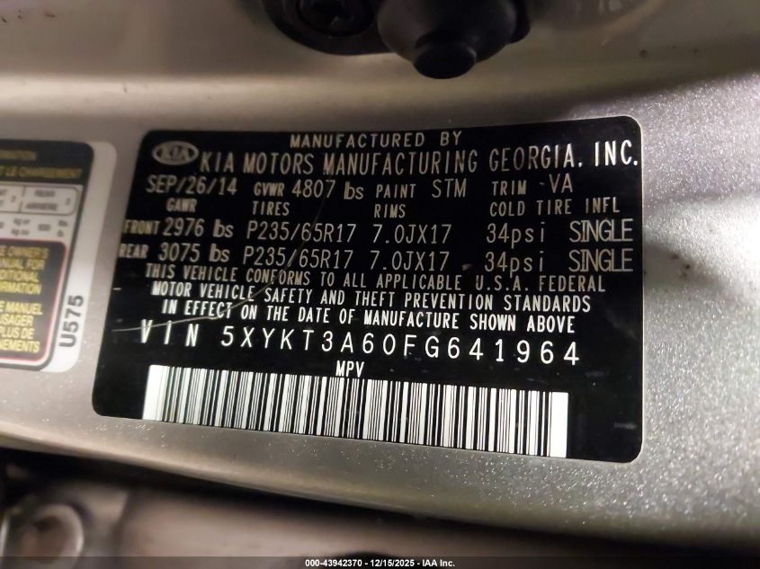 2015 Kia Sorento Lx VIN: 5XYKT3A60FG641964 Lot: 43942370