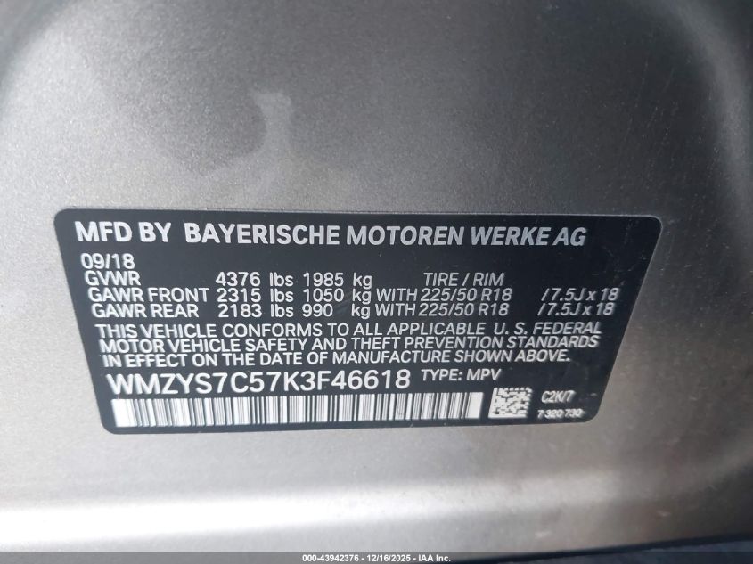 2019 Mini Countryman Cooper VIN: WMZYS7C57K3F46618 Lot: 43942376