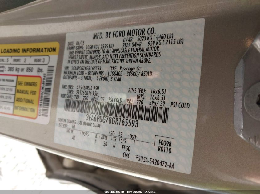 2016 Ford Fusion S VIN: 3FA6P0G78GR165593 Lot: 43942379