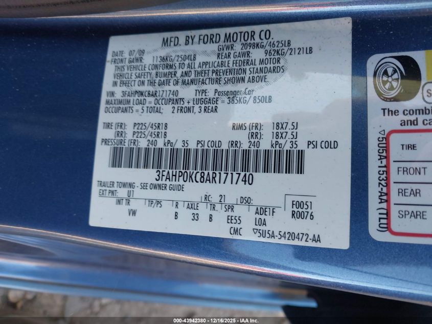 2010 Ford Fusion Sport VIN: 3FAHP0KC8AR171740 Lot: 43942380