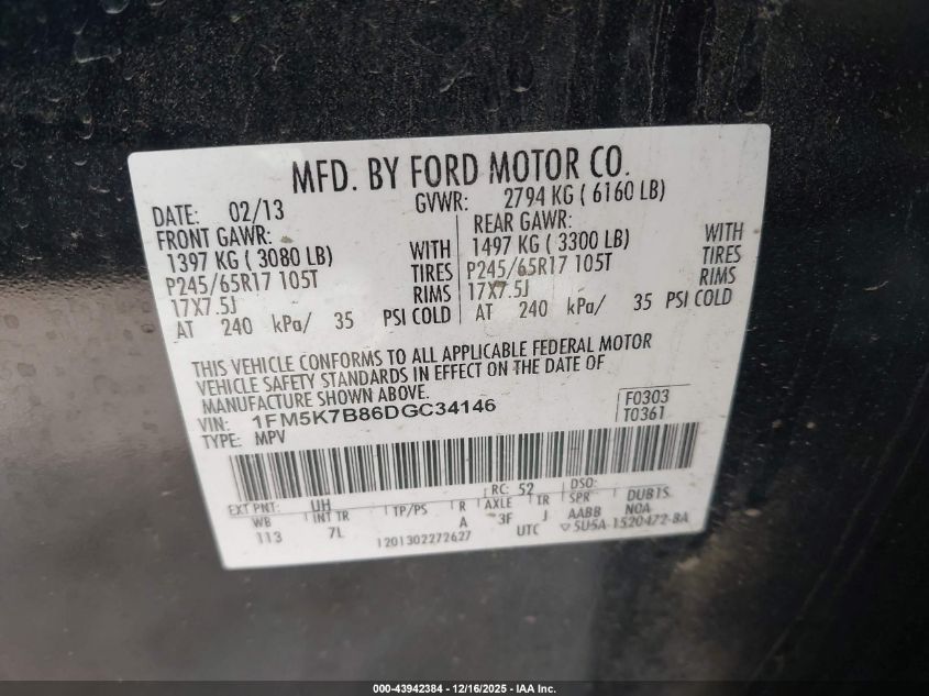 2013 Ford Explorer VIN: 1FM5K7B86DGC34146 Lot: 43942384