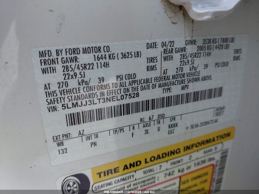 2022 Lincoln Navigator Reserve L VIN: 5LMJJ3LT3NEL07528 Lot: 43942400