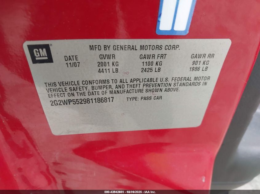 2008 Pontiac Grand Prix VIN: 2G2WP552981186817 Lot: 43942401