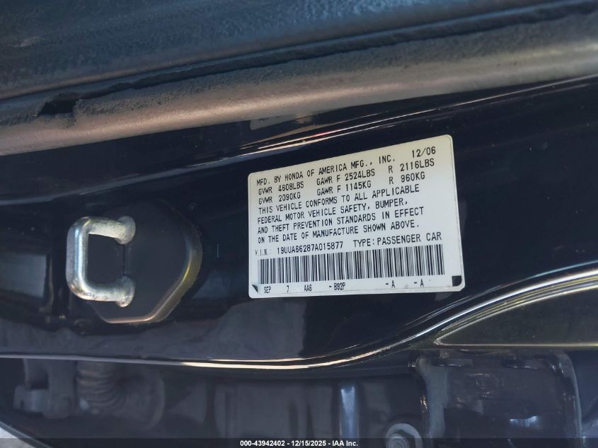 2007 Acura Tl 3.2 VIN: 19UUA66287A015877 Lot: 43942402