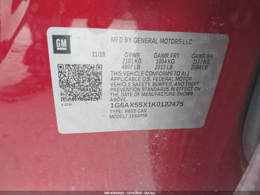 2019 Cadillac Cts Luxury VIN: 1G6AX5SX1K0122475 Lot: 43942403
