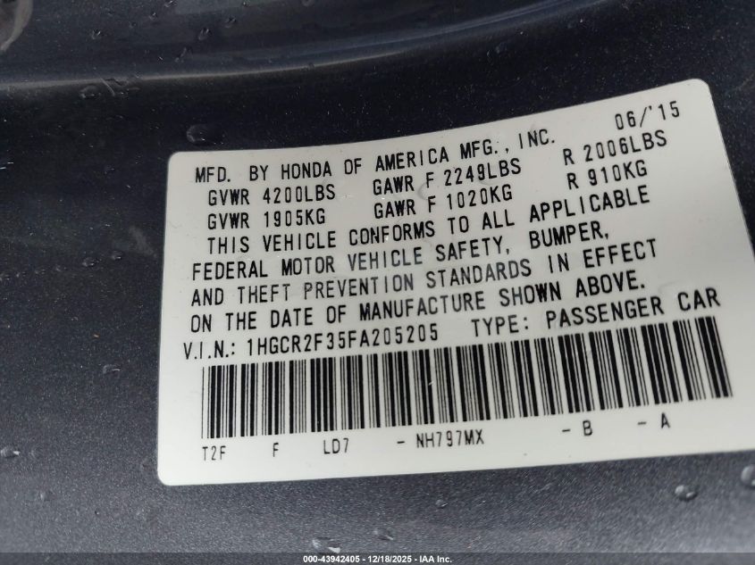 2015 Honda Accord Lx VIN: 1HGCR2F35FA205205 Lot: 43942405