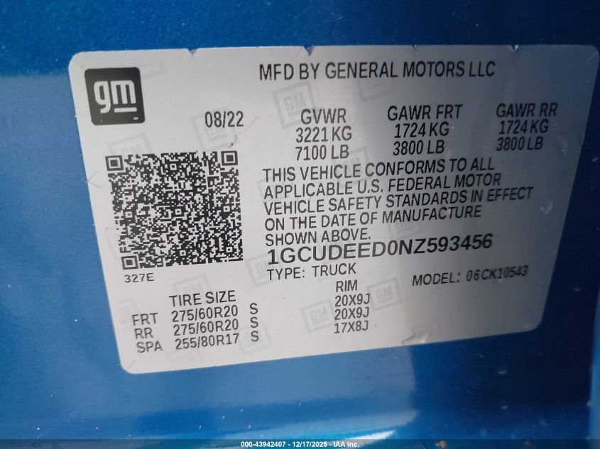 2022 Chevrolet Silverado 1500 4Wd Short Bed Rst VIN: 1GCUDEED0NZ593456 Lot: 43942407