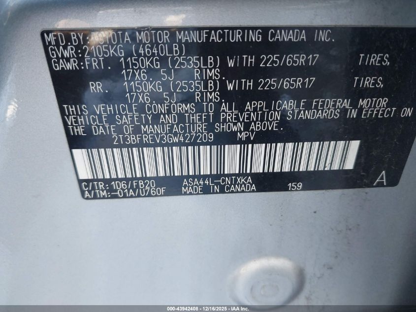 2016 Toyota Rav4 Le VIN: 2T3BFREV3GW427209 Lot: 43942408