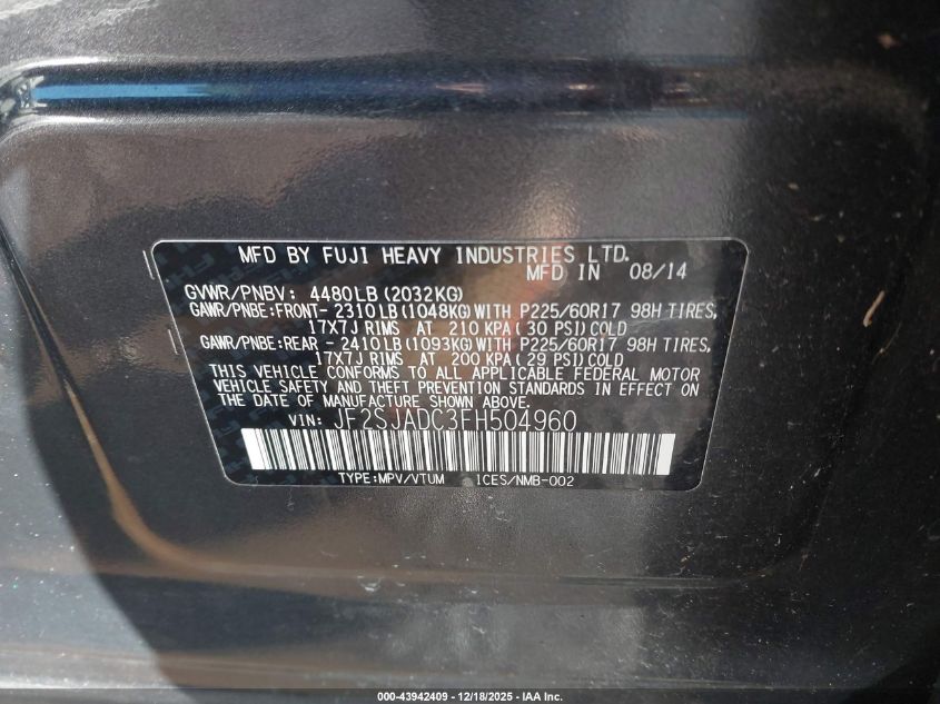 2015 Subaru Forester 2.5I Premium VIN: JF2SJADC3FH504960 Lot: 43942409