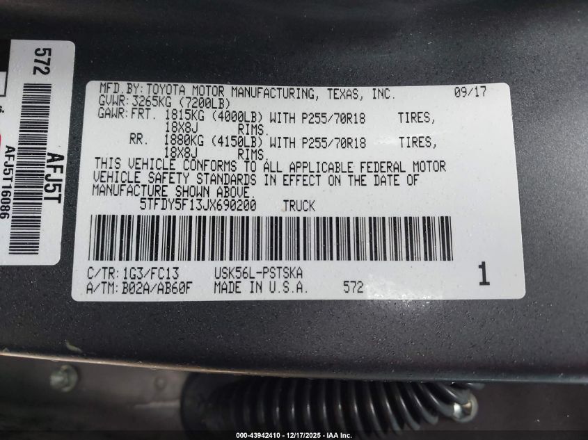 2018 Toyota Tundra Sr5 5.7L V8 VIN: 5TFDY5F13JX690200 Lot: 43942410