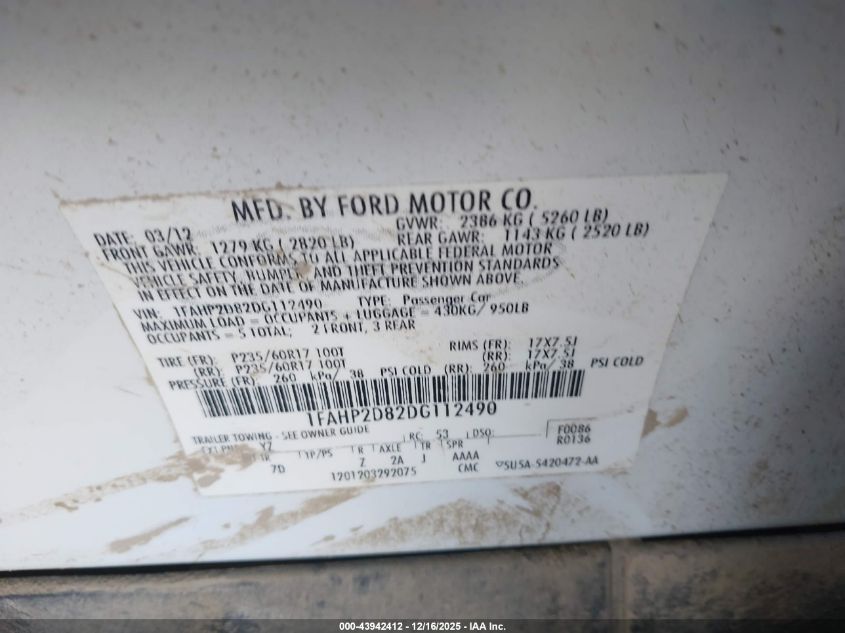 2013 Ford Taurus Se VIN: 1FAHP2D82DG112490 Lot: 43942412