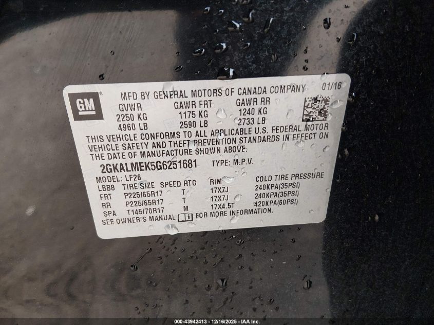 2016 GMC Terrain Sle-1 VIN: 2GKALMEK5G6251681 Lot: 43942413