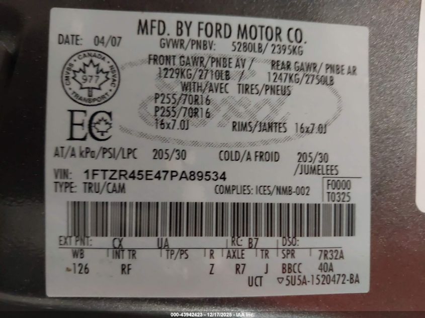 2007 Ford Ranger Fx4 Level Ii/Fx4 Off-Road/Sport/Xlt VIN: 1FTZR45E47PA89534 Lot: 43942423