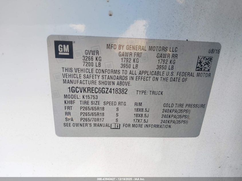 2016 Chevrolet Silverado 1500 2Lt VIN: 1GCVKREC6GZ418382 Lot: 43942427