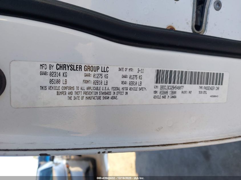 2011 Dodge Charger VIN: 2B3CL3CG2BH548077 Lot: 43942432