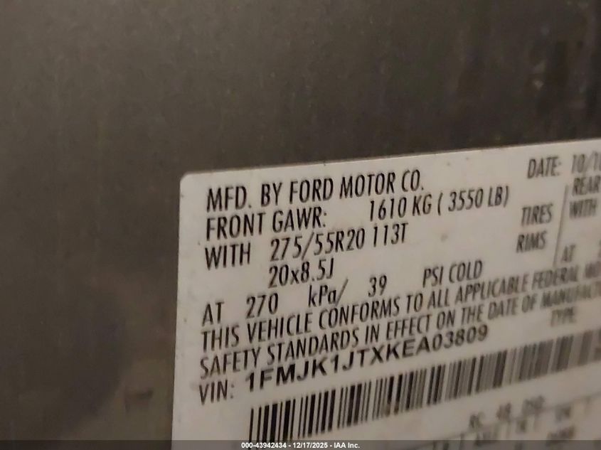 2019 Ford Expedition Max Xlt VIN: 1FMJK1JTXKEA03809 Lot: 43942434