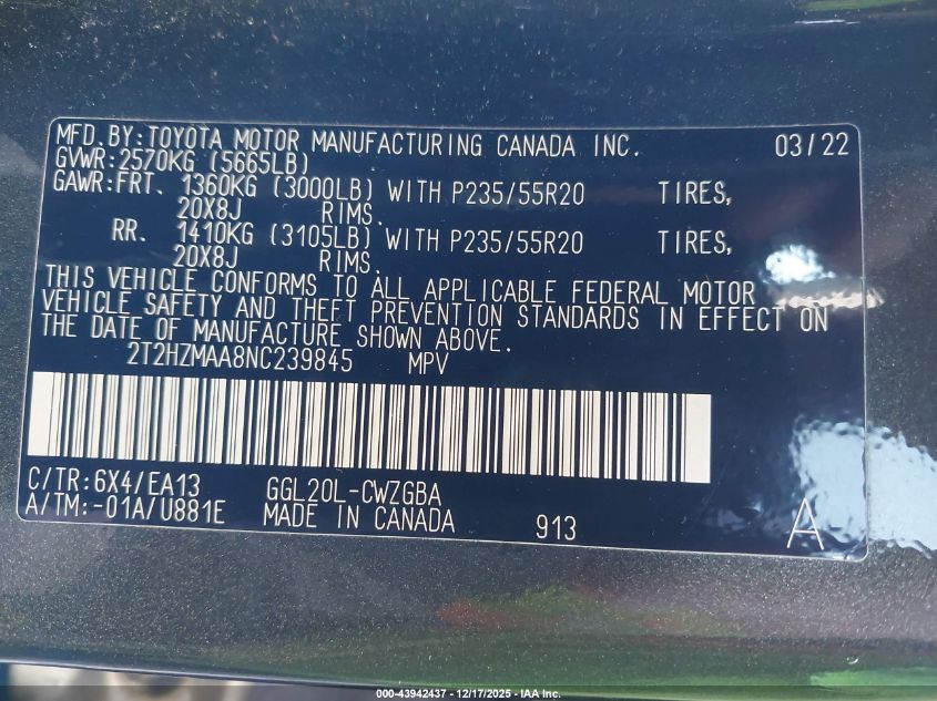 2022 Lexus Rx 350 VIN: 2T2HZMAA8NC239845 Lot: 43942437