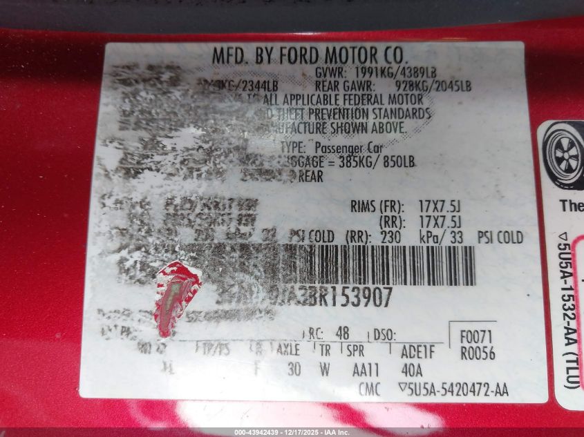 2011 Ford Fusion Sel VIN: 3FAHP0JA3BR153907 Lot: 43942439