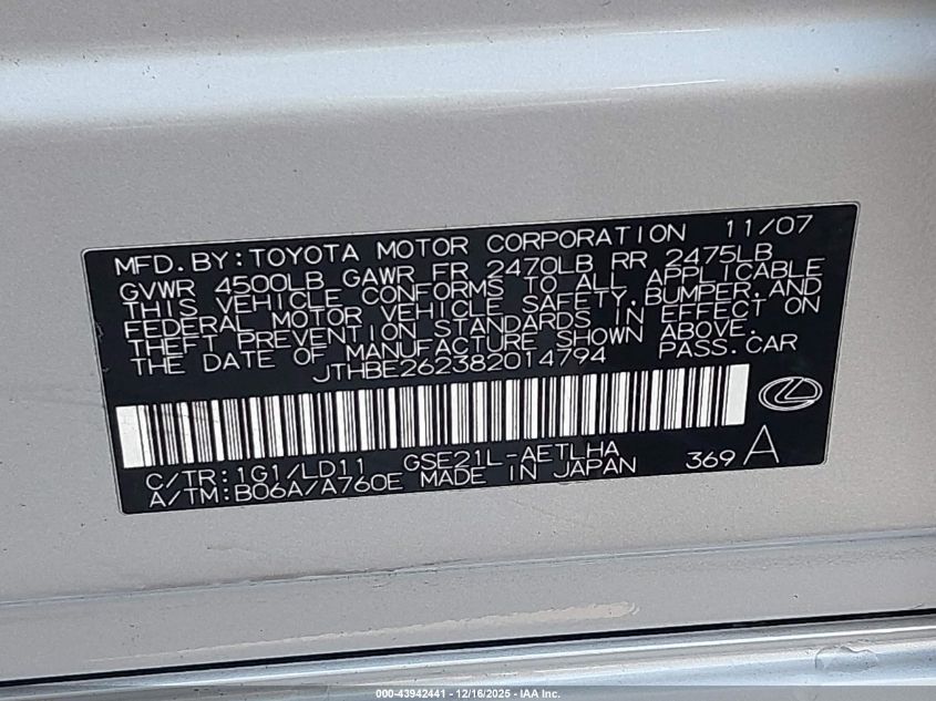 2008 Lexus Is 350 VIN: JTHBE262382014794 Lot: 43942441