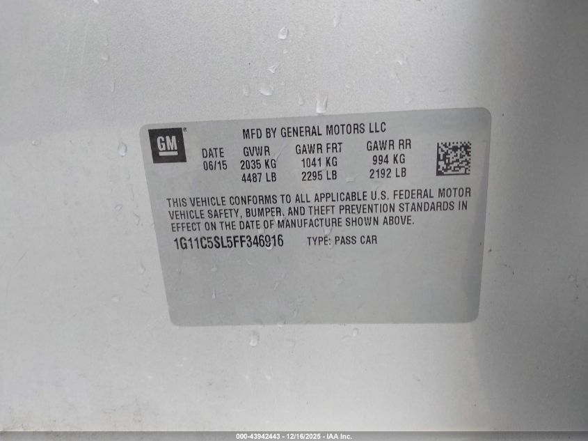 2015 Chevrolet Malibu 1Lt VIN: 1G11C5SL5FF346916 Lot: 43942443