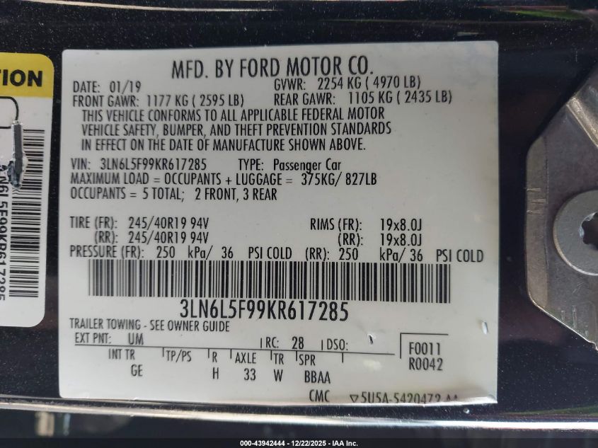 2019 Lincoln Mkz Reserve Ii VIN: 3LN6L5F99KR617285 Lot: 43942444