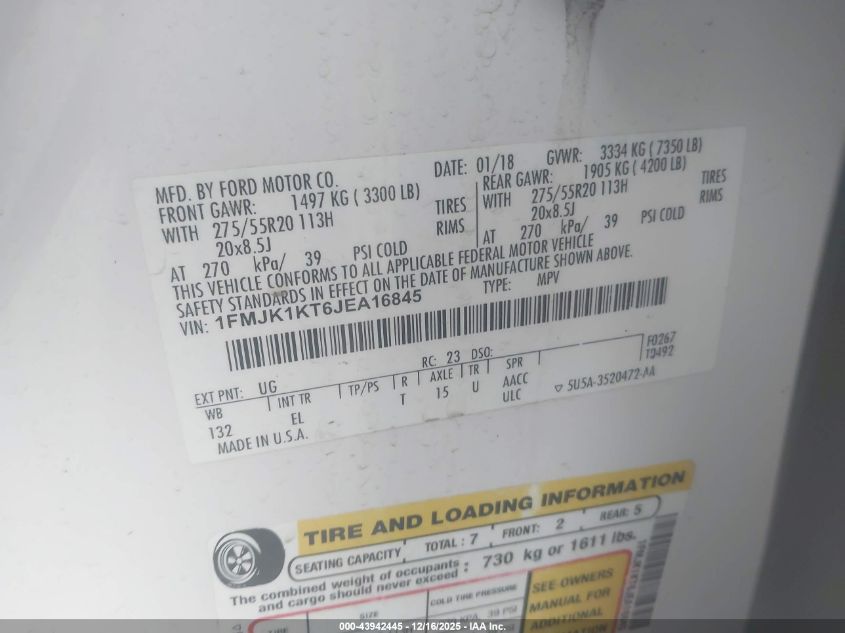 2018 Ford Expedition Max Limited VIN: 1FMJK1KT6JEA16845 Lot: 43942445