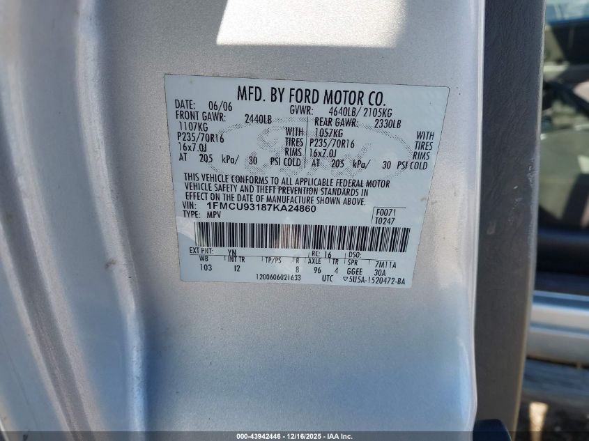 2007 Ford Escape Xlt/Xlt Sport VIN: 1FMCU93187KA24860 Lot: 43942446