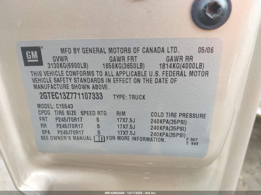 2007 GMC Sierra 1500 Classic Sle1 VIN: 2GTEC13Z771107333 Lot: 43942448