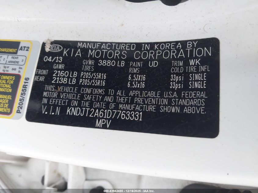 2013 Kia Soul + VIN: KNDJT2A61D7763331 Lot: 43942455