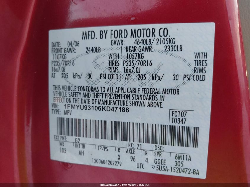 2006 Ford Escape Xlt/Xlt Sport VIN: 1FMYU93106KD47188 Lot: 43942457