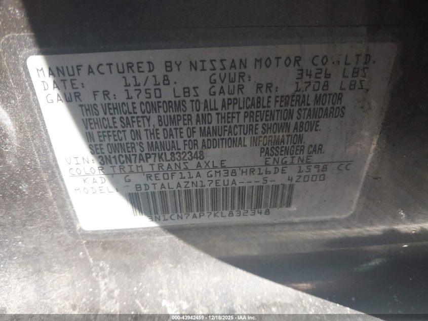 2019 Nissan Versa 1.6 S+ VIN: 3N1CN7AP7KL832348 Lot: 43942459